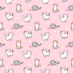 many cats on a pink background with hearts