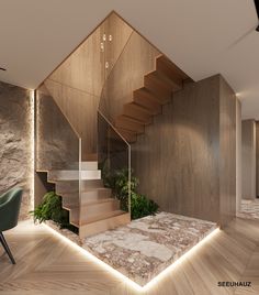 a room with some stairs and plants on the floor next to a chair in front of a stone wall