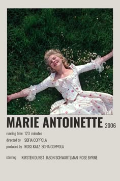 the poster for marie antonioette is laying on the grass with her arms outstretched and legs spread out