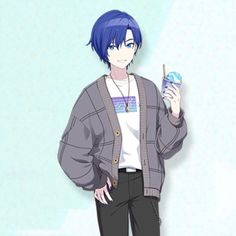 an anime character with blue hair holding a cell phone and looking at the camera while standing in front of a wall