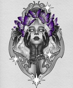 a drawing of a woman with purple butterflies on her head and hands over her face