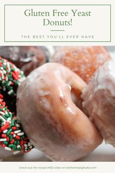 there are many donuts with sprinkles on them and the words gluten free yeast donuts