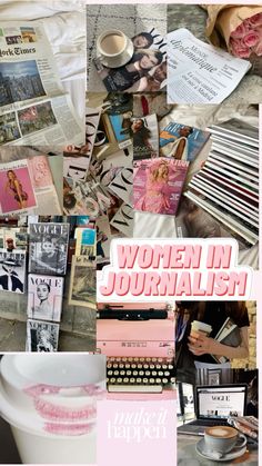 women in journal collage with typewriter, coffee cup and pink ribbon on table