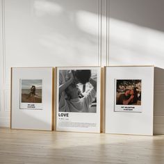 three framed photographs on the wall in an empty room with wood flooring and white walls