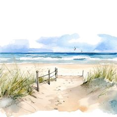 a watercolor painting of a beach scene with the ocean in the background and sand dunes to the side