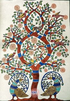 two birds sitting on the branches of a tree, painted in blue and orange colors