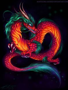 a red and green dragon sitting on top of a black surface with its tail curled up