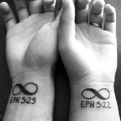 two people with matching tattoos on their arms and wrist, both have the same symbol