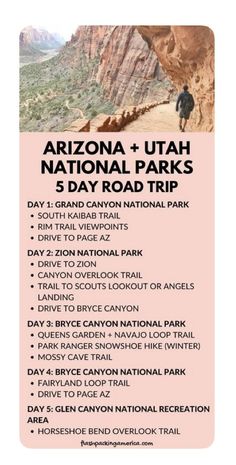 the arizona and utah national parks 5 day hiking itinerary is shown in pink