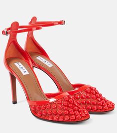 Studded mesh and leather pumps in orange - Alaia | Mytheresa Heels Red, Club Shoes, Wedge Loafers, Evening Shoes, Leather Clogs, Leather Ballet Flats, Studded Leather