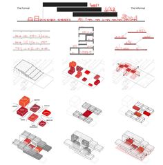 the diagram shows different types of red and white buildings, including one that has been constructed into