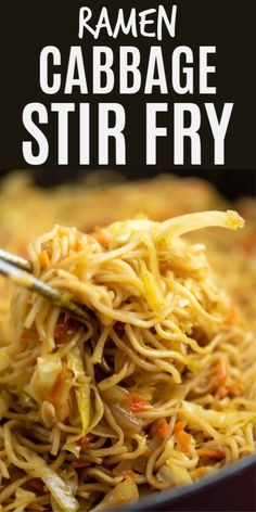 a close up of food in a pan with the words cabbage stir fry