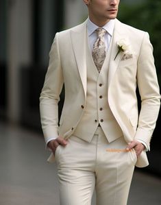 This is a Classic 3 Piece Suit by wedding wear crafted from high quality fabric and imported materials. Our products are handcrafted by experienced tailors who make sure the that the stitching is precise, lining is proper and the overall product is sturdy enough to not go out of shape for more than a few years. Also all our products have extra margins in their length, sleeves, sides so it's easily alterable if your size changes after some time. To see more available colours and designs in this c Cream Groom Tuxedo, Cream Groom Suit Wedding, Cream Tuxedo Wedding, Cream Suit Men Wedding, Cream Suit Men, Purple Tuxedo, Suit For Men Wedding, Men Party