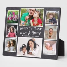 a black frame with pictures of people and children on it that says world's best aunt & uncle