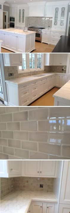 three different views of a kitchen with white cabinets