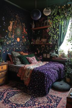 a bedroom decorated in dark colors with lots of plants and decorations on the wall above the bed