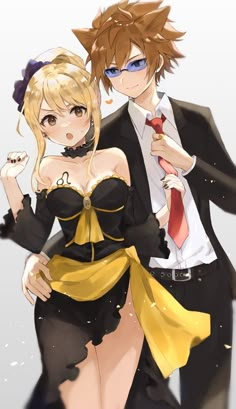 an anime couple dressed in black and yellow posing for the camera with their arms around each other