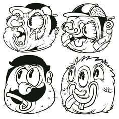 four cartoon faces with different expressions