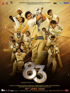 the movie poster for 85 is shown with many men in white and gold uniforms, holding bats