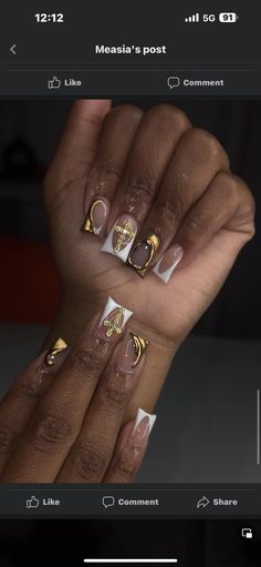 Hbcu Homecoming Nails, Graduation Nails Brown, White And Gold Duck Nails, Gold Prom Nails Short, Duck Nails Gold, Gold Duck Nails Acrylic, Brown Junk Nails, Duck Nails Green, Gold And Silver Nails Acrylic