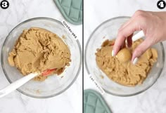 two pictures showing how to make peanut butter in a mixing bowl and then adding the batter