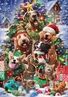 a group of dogs and cats standing in front of a christmas tree with presents on it