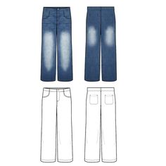 the front and back views of denim pants with holes on each side, from left to right