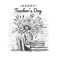 a bouquet of flowers in a vase with books on the table happy teacher's day