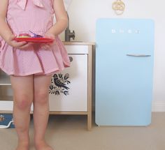 Ikea Toy Kitchen Hack, Ikea Toy Kitchen, Smeg Refrigerator, Tiny Kitchen Remodel, Kids Cubbies, Ikea Play Kitchen, Smeg Fridge, Ikea Duktig, Kids Rooms Inspo