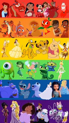 many different cartoon characters are depicted in this image and each has their own name on it