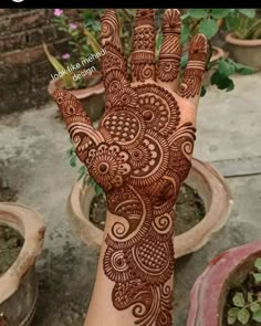 a hand that is decorated with henna on the palm and flowers in pots behind it