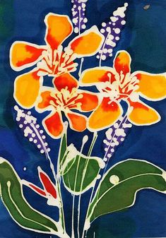 a painting of orange flowers on a blue background