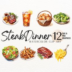 watercolor clip art steak dinner graphic set with 12 different types of food and drinks