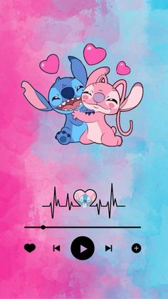 two cartoon characters are playing music on the phone with hearts and heartbeats in the background