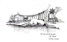 a drawing of an elephant in front of a bridge with trees on the other side