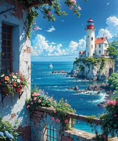 a painting of a lighthouse on top of a cliff by the ocean with flowers growing out of it