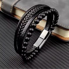 New Leather Beaded 9” Inches Long Nice Packaging Fast Shipping Stainless Steel Men's Natural Stone Bracelet Bracelet High Quality Magnet Clasp Leather Laptop Bags, Watches Women Leather, Watch Boxes, Genuine Leather Bracelet, Black Leather Bracelet, Men's Bracelets, Multi Strand Bracelet, Natural Stone Bracelets, Mens Leather Bracelet