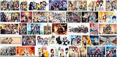 many anime characters are shown in this collage with different colors and sizes on them