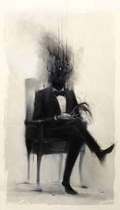 a drawing of a man sitting in a chair with his legs crossed, wearing a suit and tie