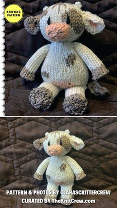 two pictures of a stuffed animal made out of knitted yarns, one in white and the other in brown