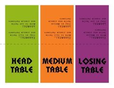 four different colored tags with the words'head, long table '