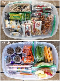 two plastic containers filled with food and snacks