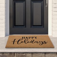 Rectangular Christmas doormat. The center of the mat reads "Happy Holidays". Non-skid durable backing Halloween Door Mat, Christmas Doormat, Christmas Central, Natural Background, Holiday Store, Coir Doormat, Holidays Christmas, Outdoor Door Mat, Pumpkin Design