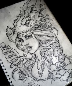 a pencil drawing of a woman with dragon headdress on her head and flowers in her hair