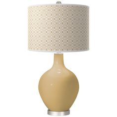 a yellow lamp with a white shade on it