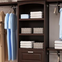 an organized closet with clothes and baskets