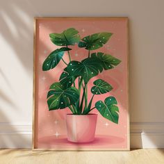 a painting of a potted plant with green leaves on a pink background in front of a white wall