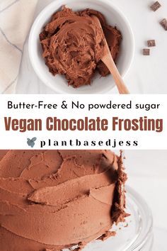 vegan chocolate frosting in a white bowl with a wooden spoon on the side