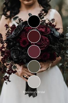 a woman holding a bouquet with red flowers and black leaves on it, in front of the color wheel