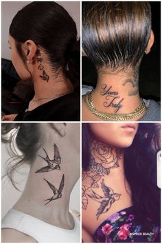 four different neck tattoos with birds and flowers on the back of their neck, one is for